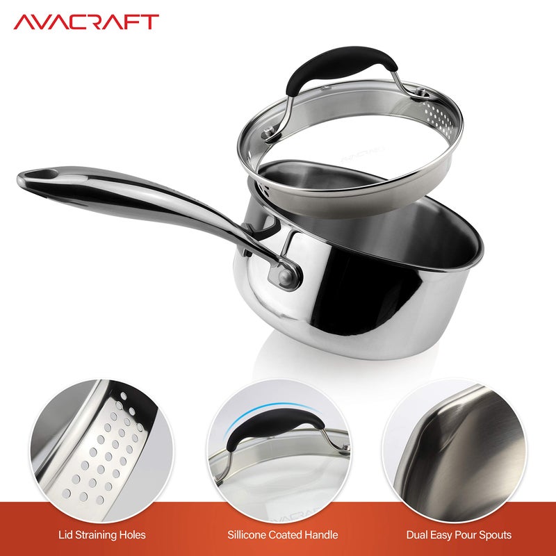 AVACRAFT Tri-Ply Stainless Steel Saucepan with Glass Strainer Lid, Two Side Spouts, Ergonomic Handle, Multipurpose Sauce Pan with Lid, Sauce Pot, Cooking Pot (Tri-Ply Full Body, 1.5 Quart) - Image 4